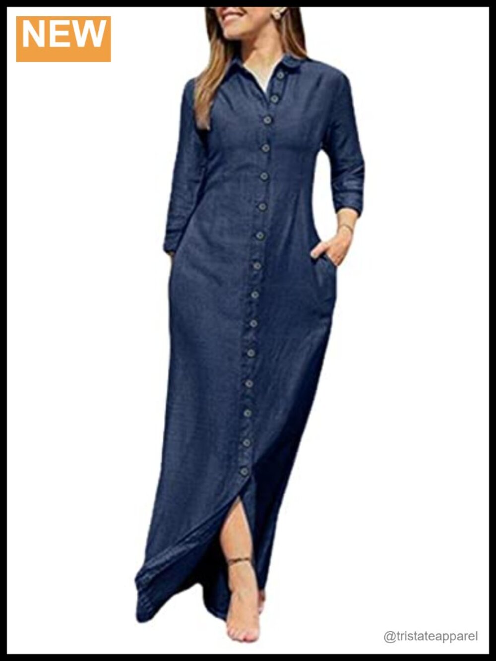 Womens Casual Button Down Denim Maxi Dress Lapel Long Sleeve Jean Dress with